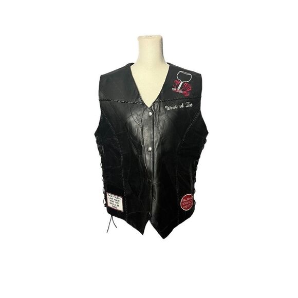 Leather Biker Vest Diamond Plate Lace Sides Genuine Leather Black